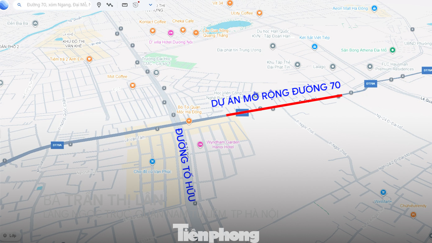 Khu vực Dự án mở rộng đoạn đường 70 qua phường Đại Mỗ (quận Nam Từ Liêm, TP Hà Nội). Ảnh: Google