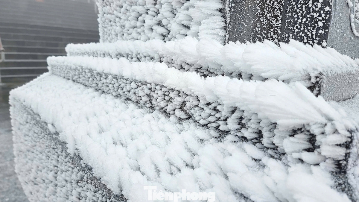 Tuyết rơi phủ trắng sàn gỗ khu đặt biểu tượng Fansipan và cây, cỏ trên đỉnh núi. Hiện tại, nhiệt độ tại đỉnh Fansipan chỉ khoảng -2 độ C.