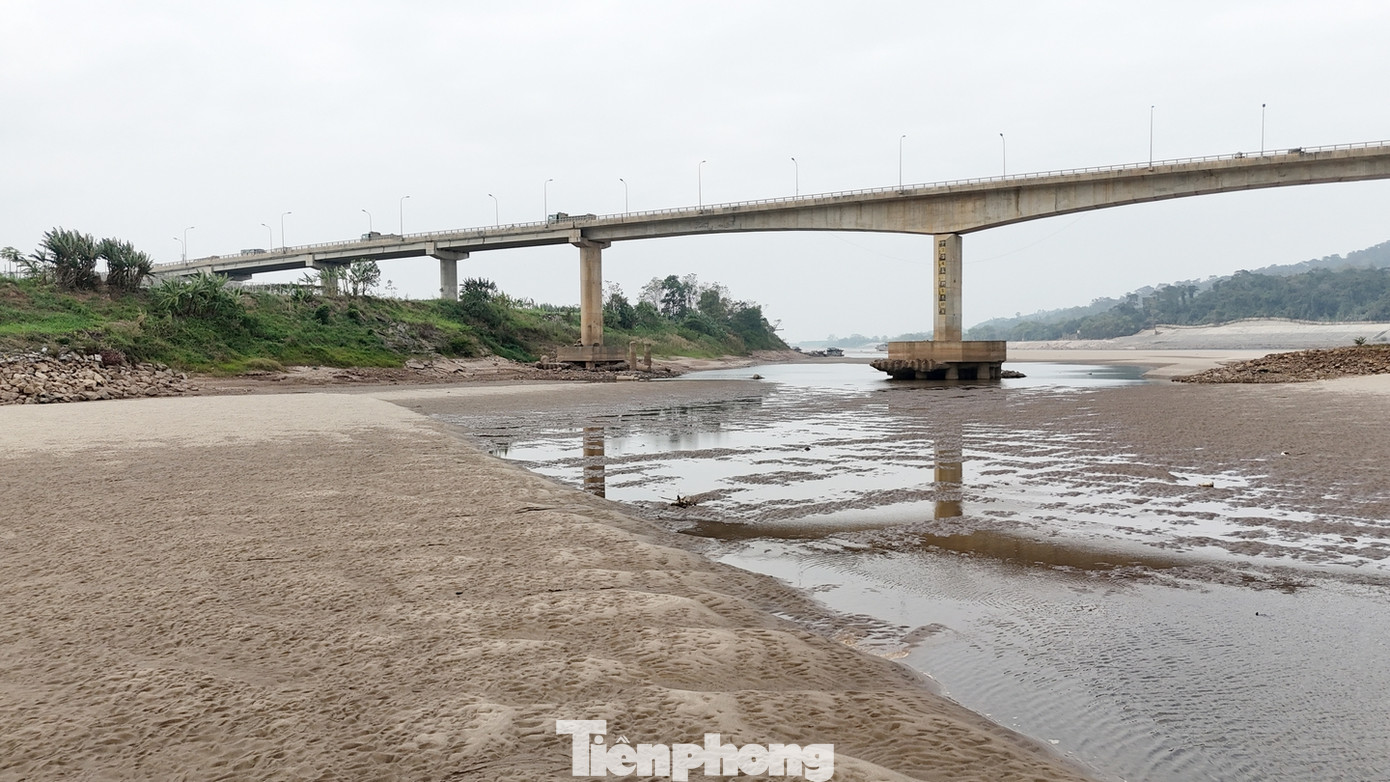 Do mực nước sông Hồng xuống thấp, trụ cầu Văn Lang đã lộ trơ móng. Đây là cây cầu có tổng mức đầu tư gần 1.500 tỷ được thông xe vào năm 2018.