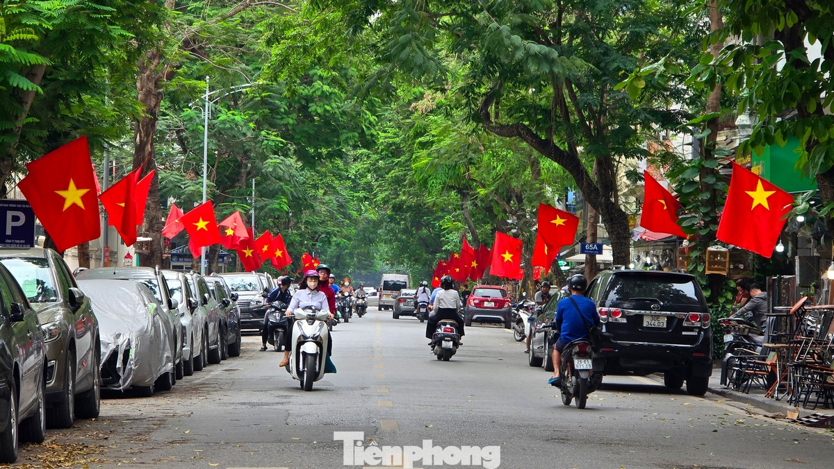 Tuyến phố Hàm Long rực sáng bởi hai hàng cờ đỏ sao vàng.