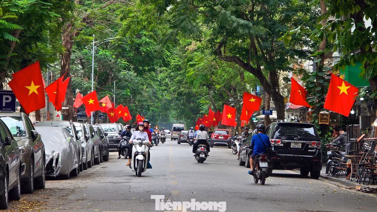 Tuyến phố Hàm Long rực sáng bởi hai hàng cờ đỏ sao vàng.