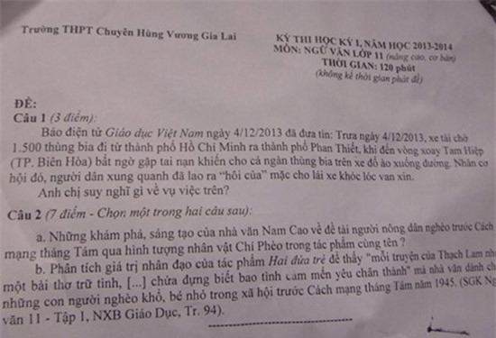  Đề thi học kỳ I của trường THPT chuyên Hùng Vương, Gia Lai với vụ việc nóng đang diễn ra trong xã hội. (Ảnh: Internet)