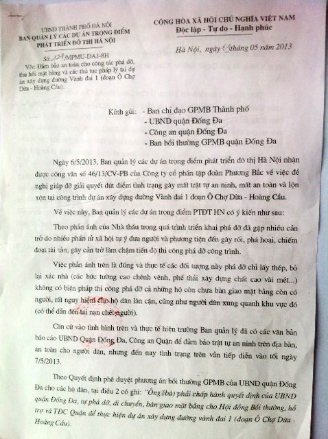 Công văn của BQL các DATĐPT Hà Nội gửi tới UBND quận Đống Đa đề nghị phối hợp giải quyết triệt để vụ việc