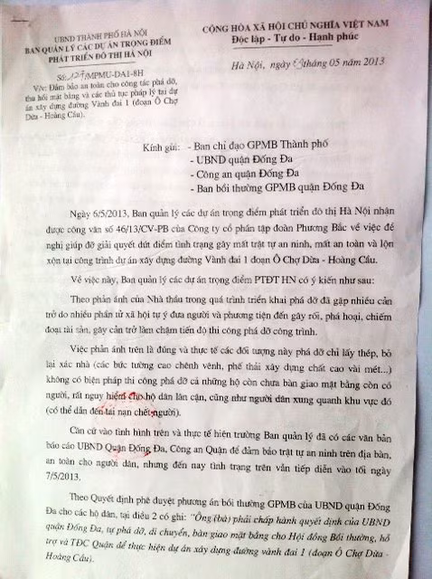 Công văn của BQL các DATĐPT Hà Nội gửi tới UBND quận Đống Đa đề nghị phối hợp giải quyết triệt để vụ việc