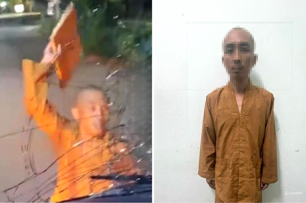 Người đàn ông mặc y phục nhà sư, đập vỡ kính xe tải Người đàn ông mặc y phục nhà sư, đập vỡ kính xe tải