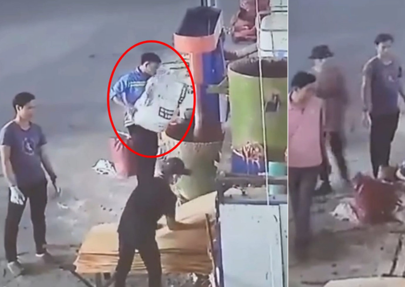 Nam công nhân đứng đổ bột vào máy trước khi bị cuốn vào