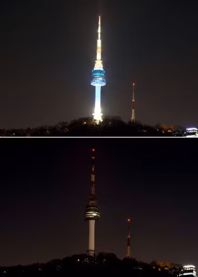 Tháp Seoul (N Seoul Tower hay CJ Seoul Tower) ở núi Namsan, Hàn Quốc trước và trong Giờ trái đất 26-3. Tháp Seoul (N Seoul Tower hay CJ Seoul Tower) ở núi Namsan, Hàn Quốc trước và trong Giờ trái đất 26-3.