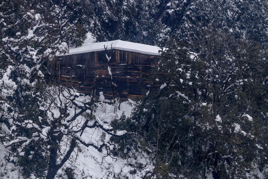 Mái nhà gỗ nơi chân trụ T4 của cáp treo Fansipan được bao phủ trong sắc trắng tinh khôi, tưởng như hình ảnh từ một khu rừng nào đó nơi châu Âu xa xôi.