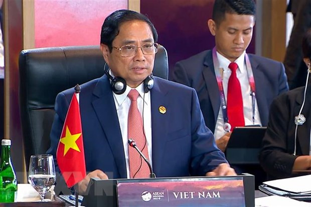 Thủ tướng Phạm Minh Chính phát biểu tại Phiên Đối thoại giữa các lãnh đạo ASEAN và AIPA. (Ảnh: Dương Giang/TTXVN)