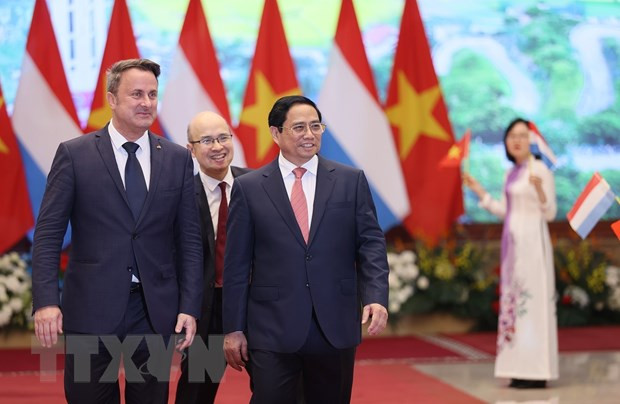 Thủ tướng Phạm Minh Chính và Thủ tướng Đại Công quốc Luxembourg Xavier Bettel tại buổi gặp gỡ báo chí trong nước và quốc tế. (Ảnh: Dương Giang/TTXVN).
