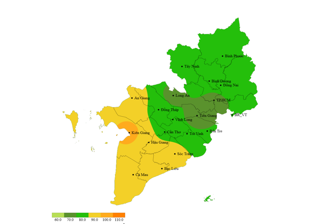 Bản đồ dự báo lượng mưa ở Nam bộ trong 24 giờ tới. Nguồn: Đài Khí tượng Thủy văn Nam bộ và Tây Nguyên Bản đồ dự báo lượng mưa ở Nam bộ trong 24 giờ tới. Nguồn: Đài Khí tượng Thủy văn Nam bộ và Tây Nguyên