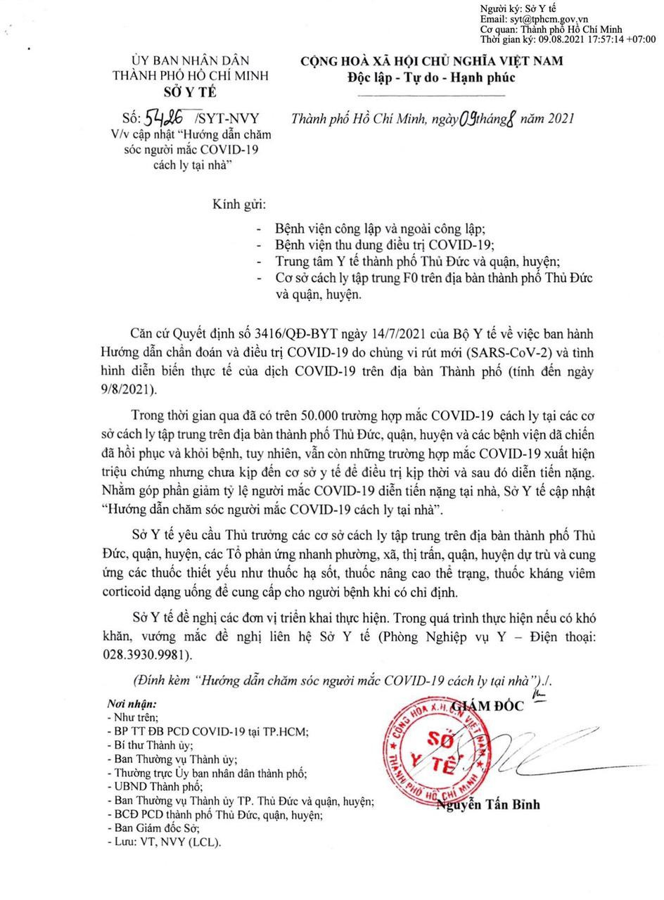 Công văn hướng dẫn được GS.TS.BS Nguyễn Tấn Bỉnh ký ngày 9/8.