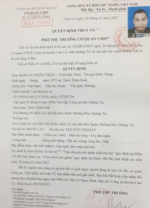 Truy nã đối tượng Đoàn Trân. Truy nã đối tượng Đoàn Trân.