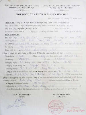 Một hợp đồng vay tiền, tín chấp ôtô do Nguyễn Quang Tuyến ký, đóng dấu Cty. Một hợp đồng vay tiền, tín chấp ôtô do Nguyễn Quang Tuyến ký, đóng dấu Cty