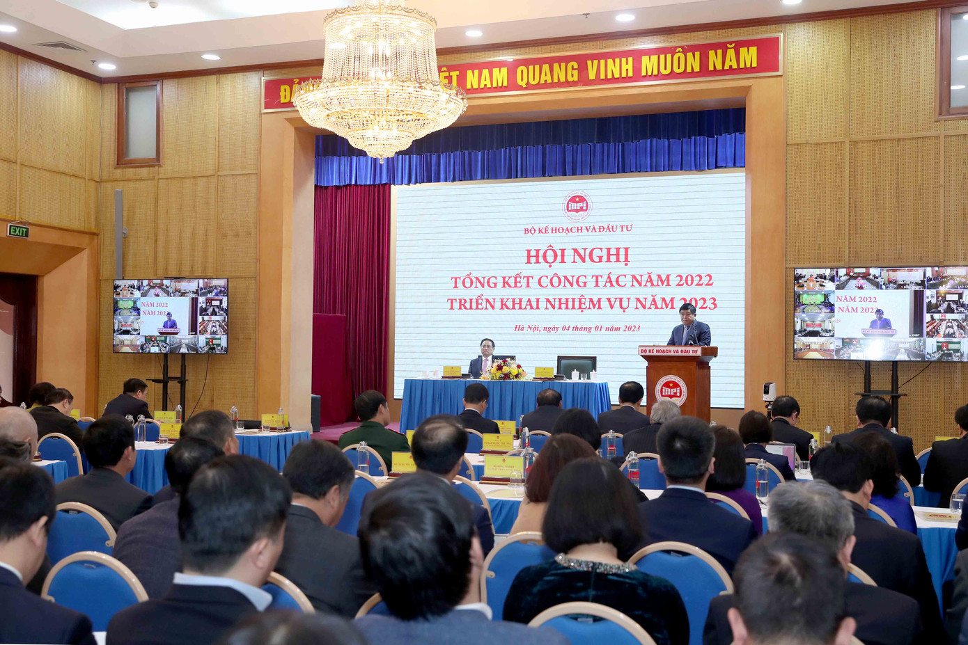 Toàn cảnh hội nghị Tổng kết công tác năm 2022, triển khai nhiệm vụ năm 2033 của Bộ Kế hoạch và Đầu tư tổ chức sáng 4/1.