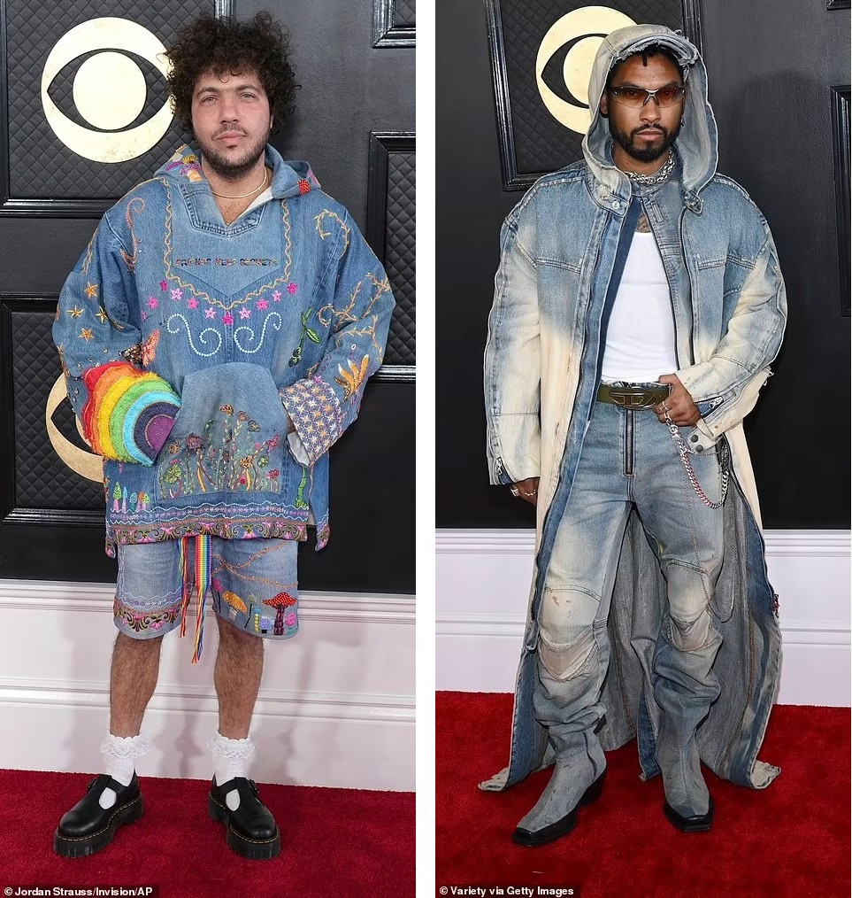 Nhà sản xuất âm nhạc Benny Blanco (phải) và ca sĩ Miguel đều chọn trang phục denim nhưng đều quá lố. Ảnh: AP/Getty Images.