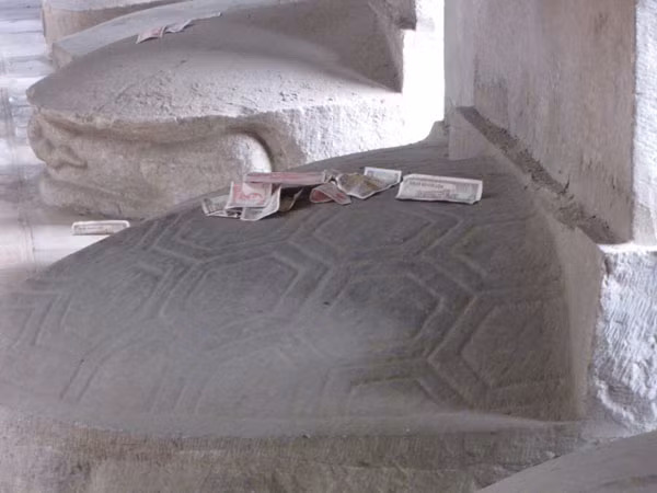 ... hoặc đặt tiền lên mình rùa lấy may. Ảnh: Trường Phong