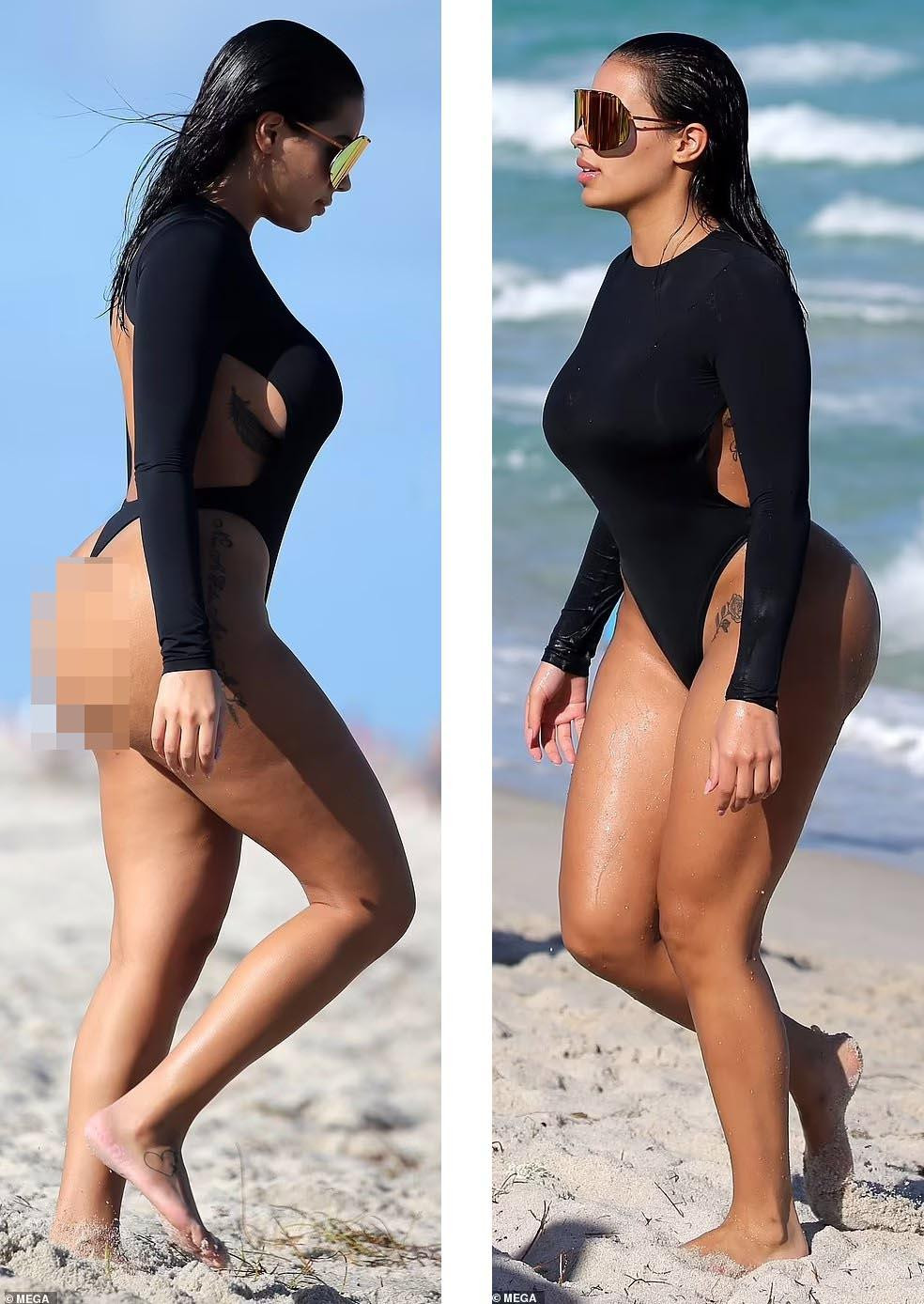 Chaney trở thành tâm điểm chú ý trên bãi biển. Cô để lộ nhiều hình xăm trên cơ thể.