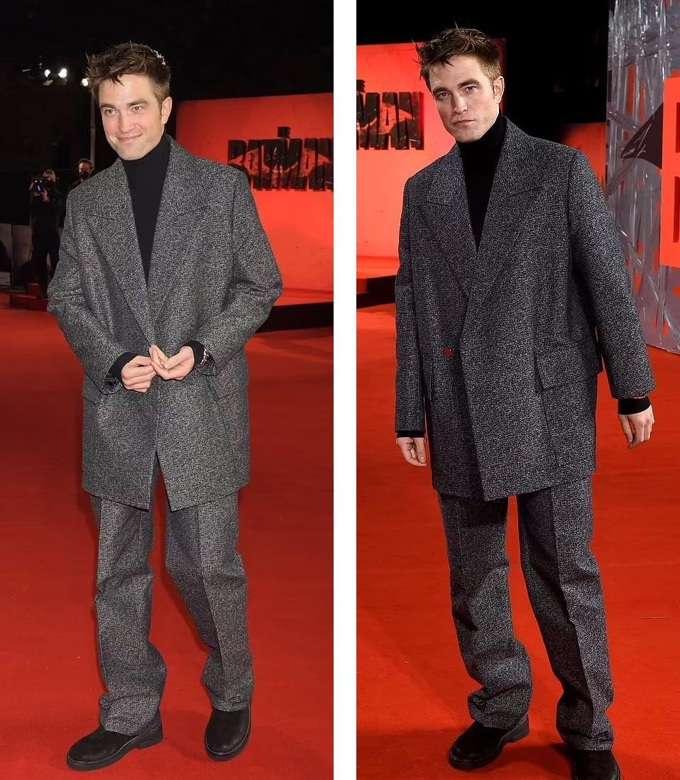 Trong khi đó, bạn diễn của Zoe, Robert Pattinson, xuất hiện trong bộ vest quá khổ màu xám, kết hợp áo cổ lọ đen và giày "ton-sur-ton".