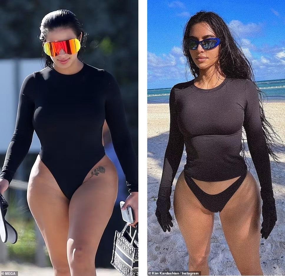 Phong cách bãi biển của Chaney được cho là lấy cảm hứng từ vợ cũ của Kanye, Kim Kardashian (ảnh của Kim đăng trên Instagram hồi tháng 1/2022). Ngoài ra, từ gương mặt đến vóc dáng của Chaney có nhiều điểm tương đồng với bà chủ Skims.