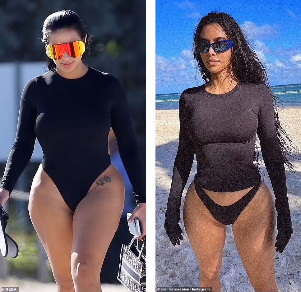 Phong cách bãi biển của Chaney được cho là lấy cảm hứng từ vợ cũ của Kanye, Kim Kardashian (ảnh của Kim đăng trên Instagram hồi tháng 1/2022). Ngoài ra, từ gương mặt đến vóc dáng của Chaney có nhiều điểm tương đồng với bà chủ Skims.