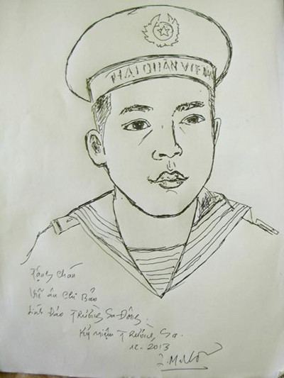 Bức ký họa chân dung chiến sĩ tân binh của họa sĩ Lương Minh Vũ Ảnh: Tuấn Nguyễn