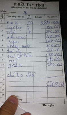 Hóa đơn tính tiền cắt cổ tại quán L.M.D