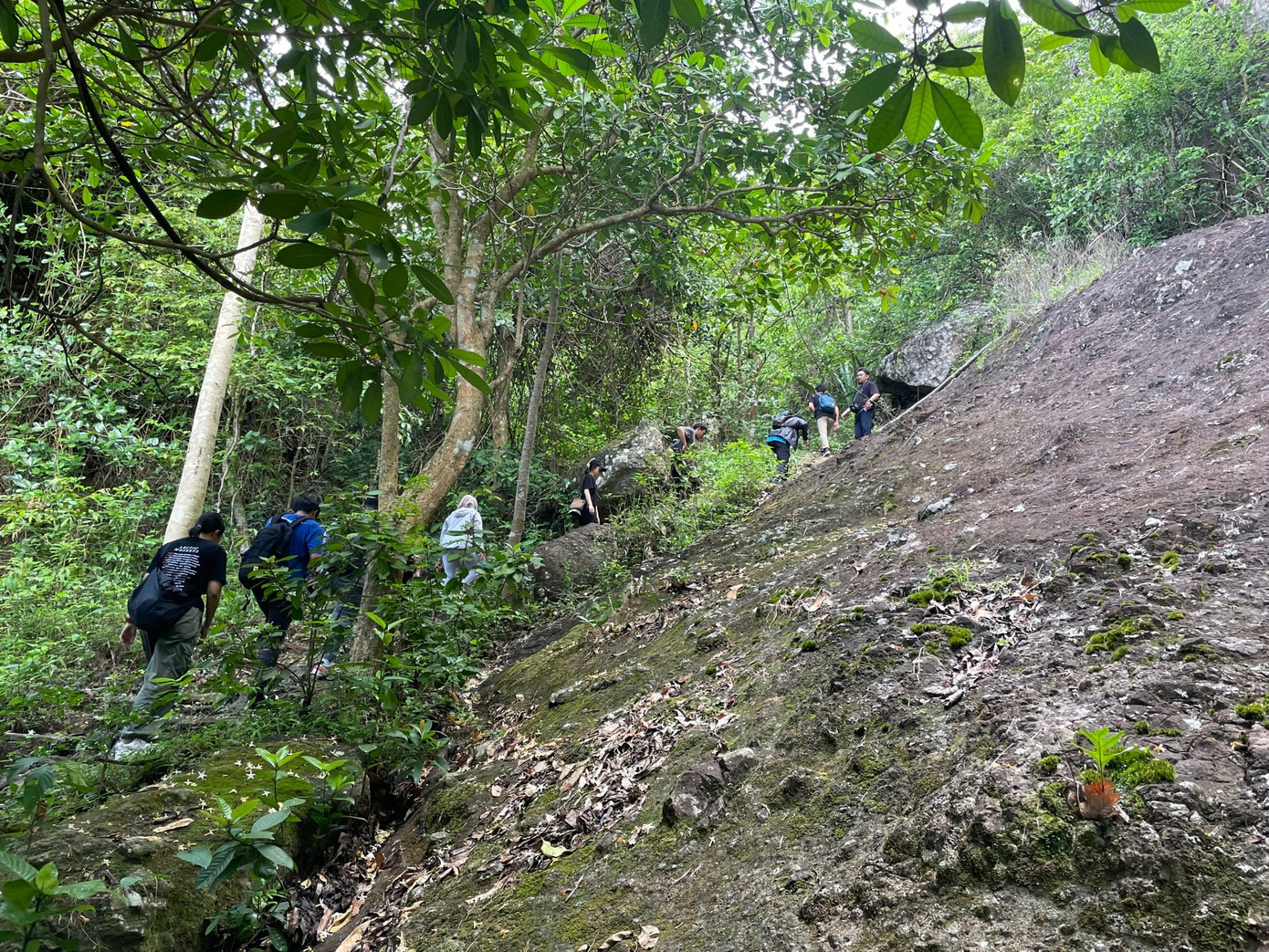 Đường lên đỉnh núi Nglanggeran đầy khó khăn với các du khách.