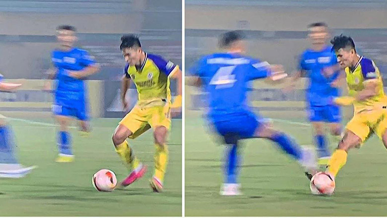Tình huống Tăng Tiến đạp thẳng vào chân Tuấn Hải. Ảnh chụp màn hình