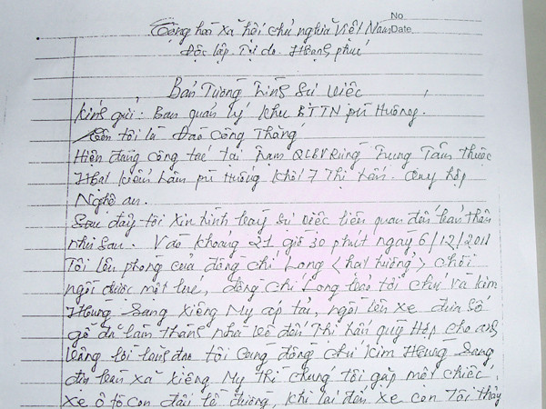 Bản tường trình của ông Thắng ghi rõ áp tải xe chở gỗ lậu cho ông Hạt trưởng Trịnh Thanh Long. 