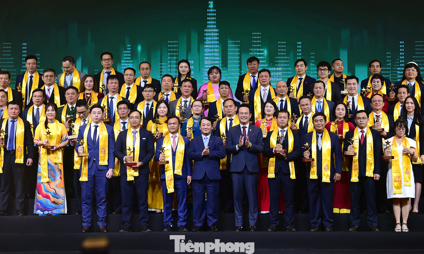 Bộ trưởng, Chủ nhiệm Ủy ban Dân tộc Hầu A Lềnh và Chủ tịch T.Ư Hội Doanh nhân trẻ Việt Nam Đặng Hồng Anh trao giải thưởng TOP 100 doanh nghiệp giải thưởng Sao Vàng đất Việt năm 2024. Ảnh: Xuân Tùng