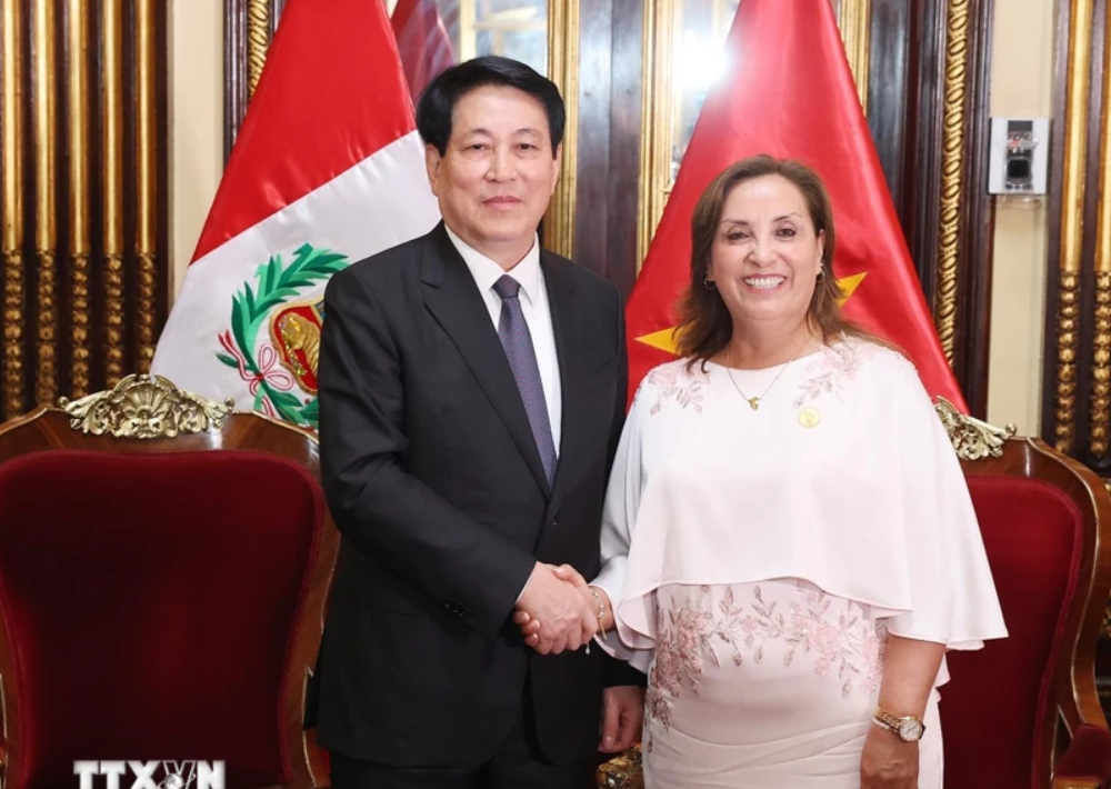 Chủ tịch nước Lương Cường và Tổng thống Peru Dina Ercilia Boluarte Zegarra. (Ảnh: Lâm Khánh/TTXVN)