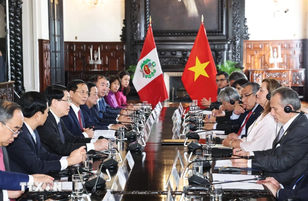 Chủ tịch nước Lương Cường và Tổng thống Peru Dina Ercilia Boluarte Zegarra hội đàm (Ảnh: Lâm Khánh/TTXVN)