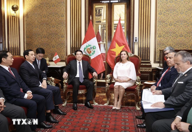 Tổng thống Peru Dina Ercilia Boluarte Zegarra và Chủ tịch nước Lương Cường hội đàm hẹp. (Ảnh: Lâm Khánh/TTXVN) Tổng thống Peru Dina Ercilia Boluarte Zegarra và Chủ tịch nước Lương Cường hội đàm hẹp. (Ảnh: Lâm Khánh/TTXVN)