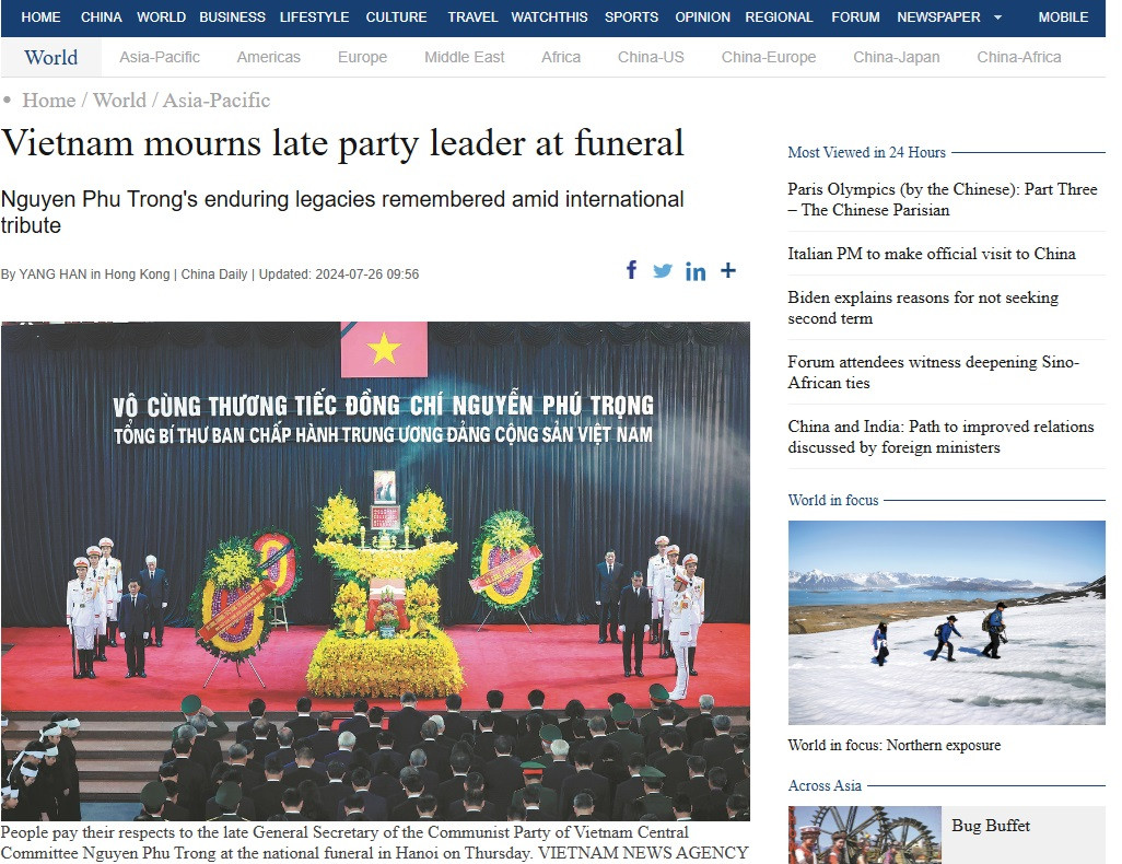 Bài viết trên China Daily về Quốc tang Tổng Bí thư Nguyễn Phú Trọng