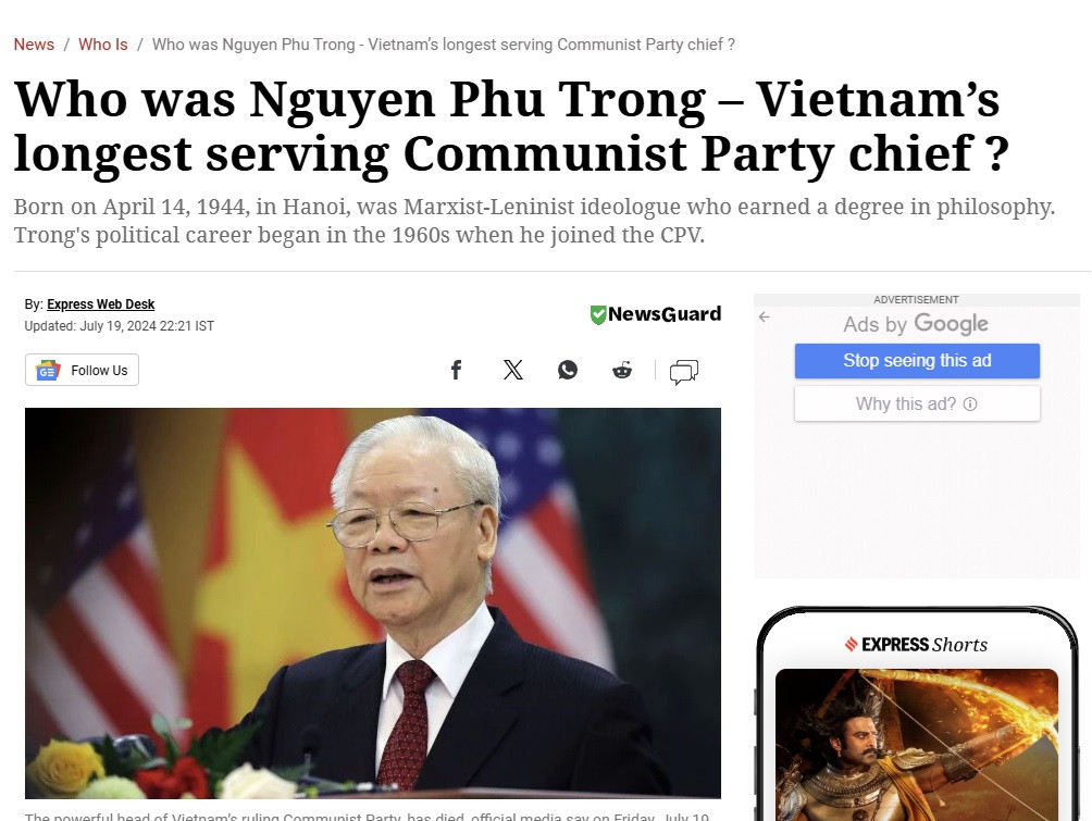 Bài viết về Tổng Bí thư Nguyễn Phú Trọng trên báo Indian Express. (Ảnh chụp màn hình) Bài viết về Tổng Bí thư Nguyễn Phú Trọng trên báo Indian Express. (Ảnh chụp màn hình)