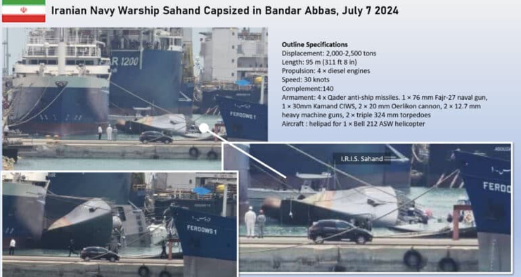 Các hình ảnh cho thấy tàu khu trục Sahand của Iran bị lật úp. (Ảnh: Naval News) Các hình ảnh cho thấy tàu khu trục Sahand của Iran bị lật úp. (Ảnh: Naval News)