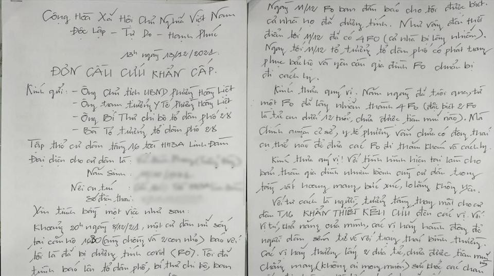 Đơn kêu cứu của anh Vũ Đình Phong ở tầng 16, chung cư HH3A Linh Đàm. Ảnh: NVCC