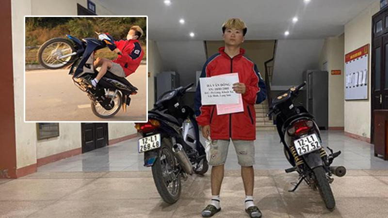 Hình ảnh Đồng "bốc đầu xe" đưa lên mạng (ảnh nhỏ) và đối tượng cùng phương tiện khi bị tạm giữ tại cơ quan công an. Ảnh: N. Kiên