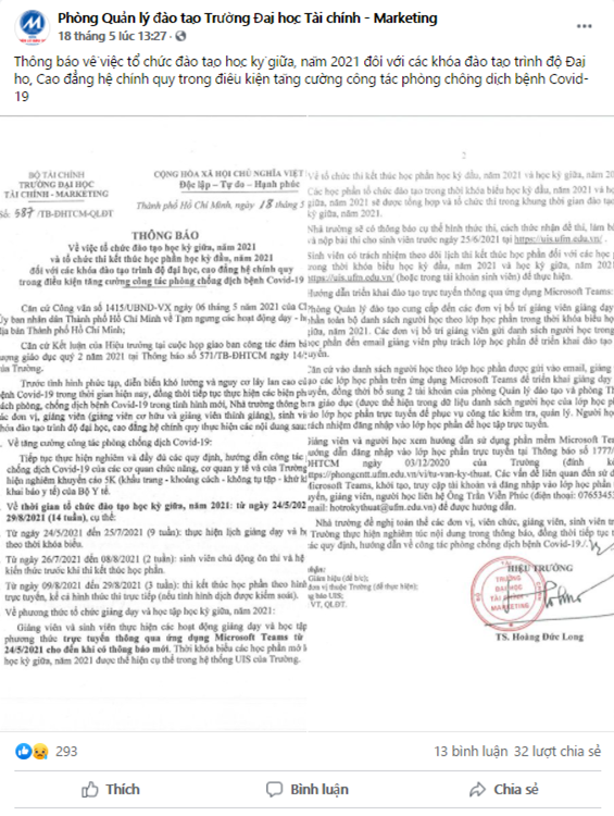 Thông báo được đăng trên kênh thông tin của nhà trường. Ảnh: Phòng Quản lý đào tạo Trường Đại học Tài chính - Marketing.