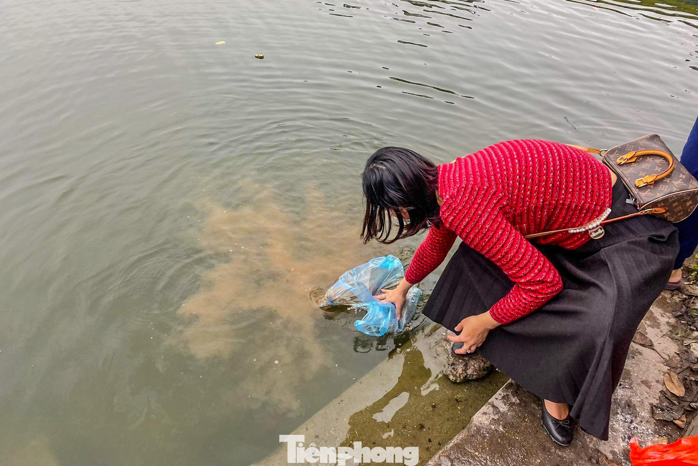 Tro hương đục bẩn được người dân thả thẳng xuống mặt hồ.