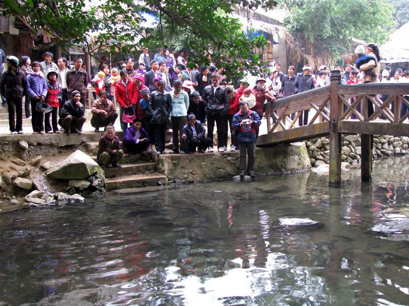 Nhiều món ăn được dâng lên thần cá trong ngày lễ Đông đảo du khách thập phương về thăm suối cá thần Cẩm Lương