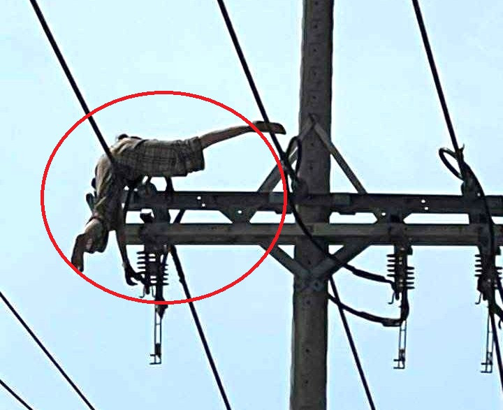 Người phụ nữ bò trên dây điện