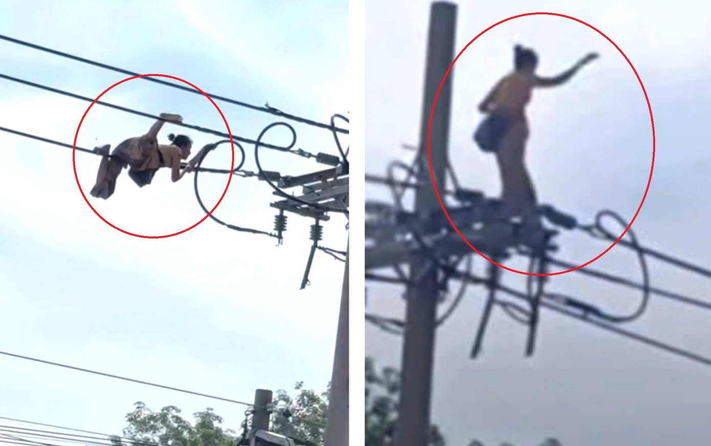 Hình ảnh người phụ nữ bò và đứng trên dây điện trước khi rơi xuống đất