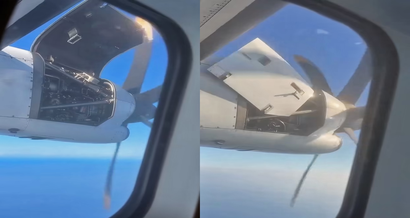 Hình ảnh nắp động cơ máy bay bung bật và bị bẻ cong giữa không trung. Ảnh: Viral Press.