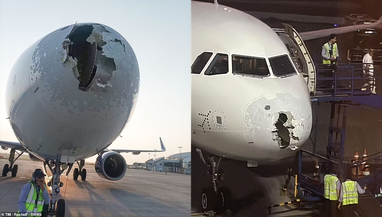 Phần đầu máy bay IndiGo bị thủng lớn và hư hỏng sau khi gặp mưa đá và va chạm với chim. Ảnh: TIM. Phần đầu máy bay IndiGo bị thủng lớn và hư hỏng sau khi gặp mưa đá và va chạm với chim. Ảnh: TIM.