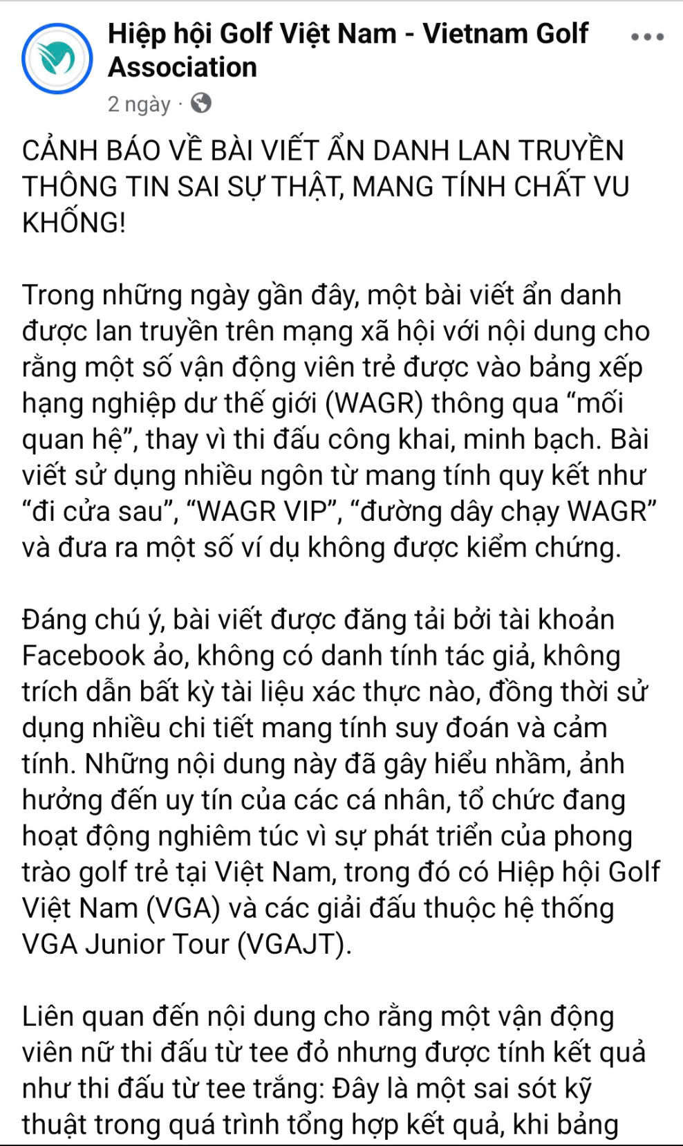 Phản hồi từ Hiệp hội Golf Việt Nam (VGA). Phản hồi từ Hiệp hội Golf Việt Nam (VGA).