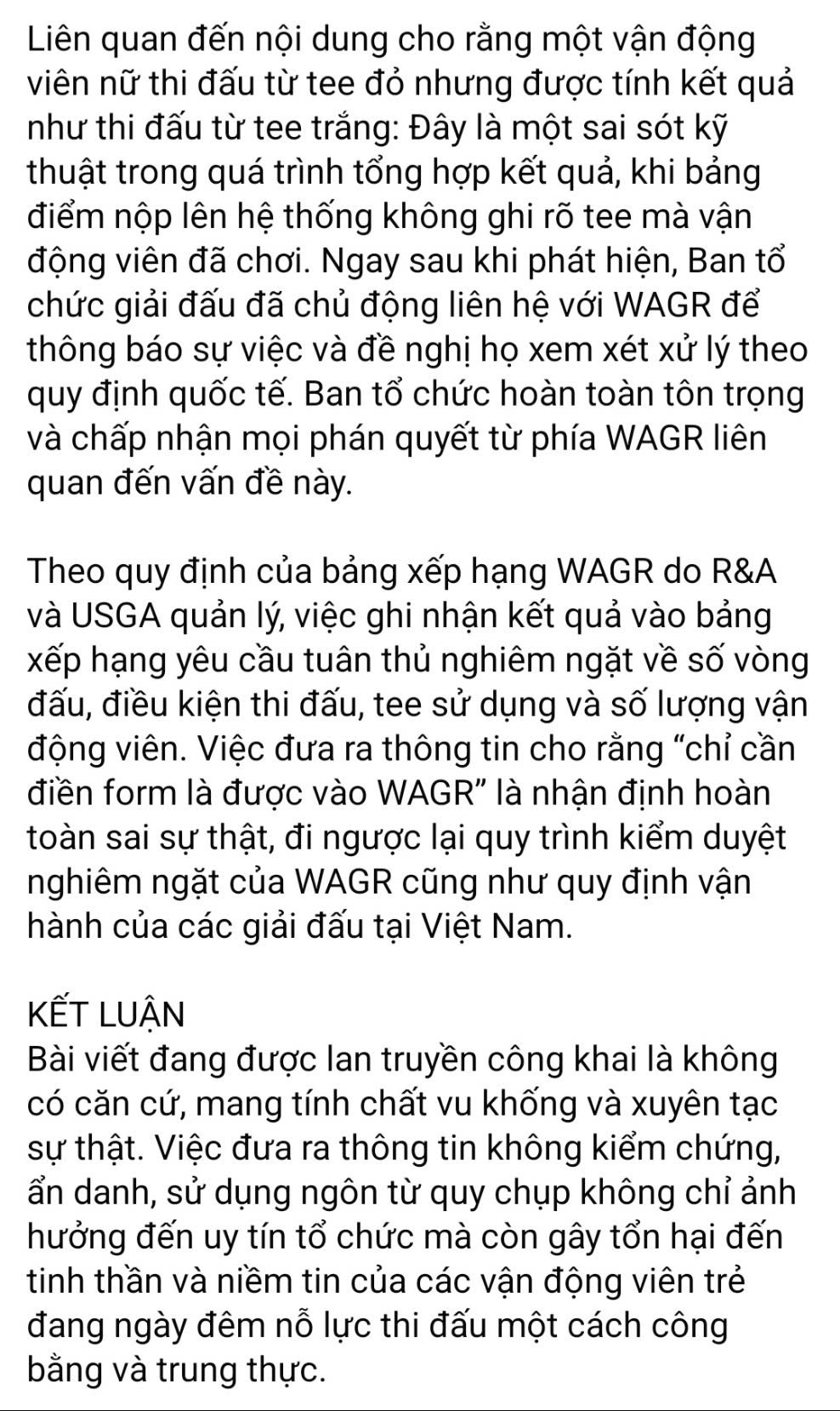 Phản hồi từ Hiệp hội Golf Việt Nam (VGA). Phản hồi từ Hiệp hội Golf Việt Nam (VGA).