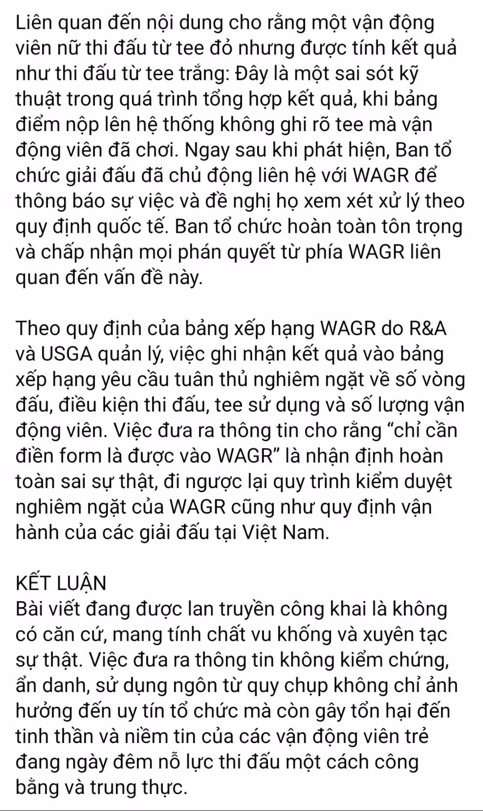 Phản hồi từ Hiệp hội Golf Việt Nam (VGA).