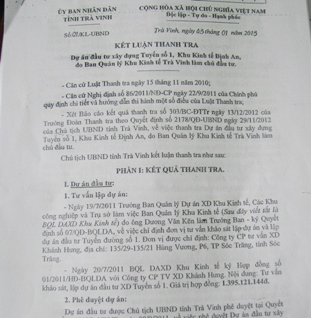 Kết luận thanh tra sai phạm của Chủ tịch tỉnh Trà Vinh đối với một dự án do Ban Quản lý Khu Kinh tế Trà Vinh làm chủ đầu tư. Ảnh: Huỳnh Hải (Dân Trí). Kết luận thanh tra sai phạm của Chủ tịch tỉnh Trà Vinh đối với một dự án do Ban Quản lý Khu Kinh tế Trà Vinh làm chủ đầu tư. (Ảnh: Huỳnh Hải)